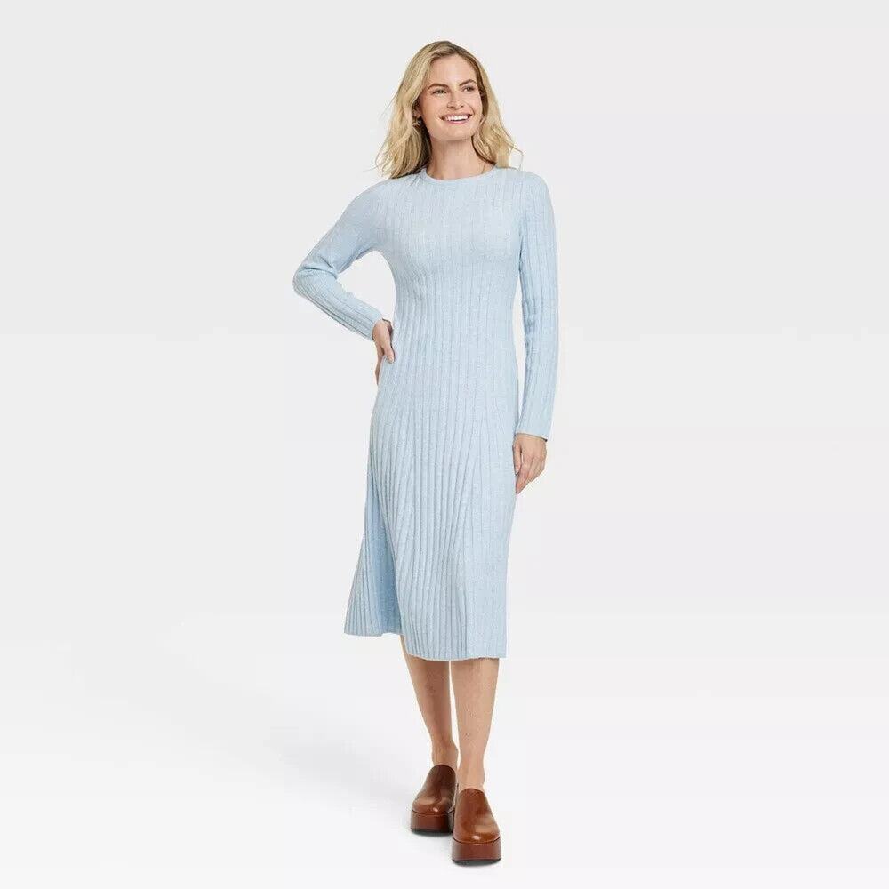 Womens Long Sleeve Midi Ribbed Sweater Dress - A New Day Blue Size Large SL
